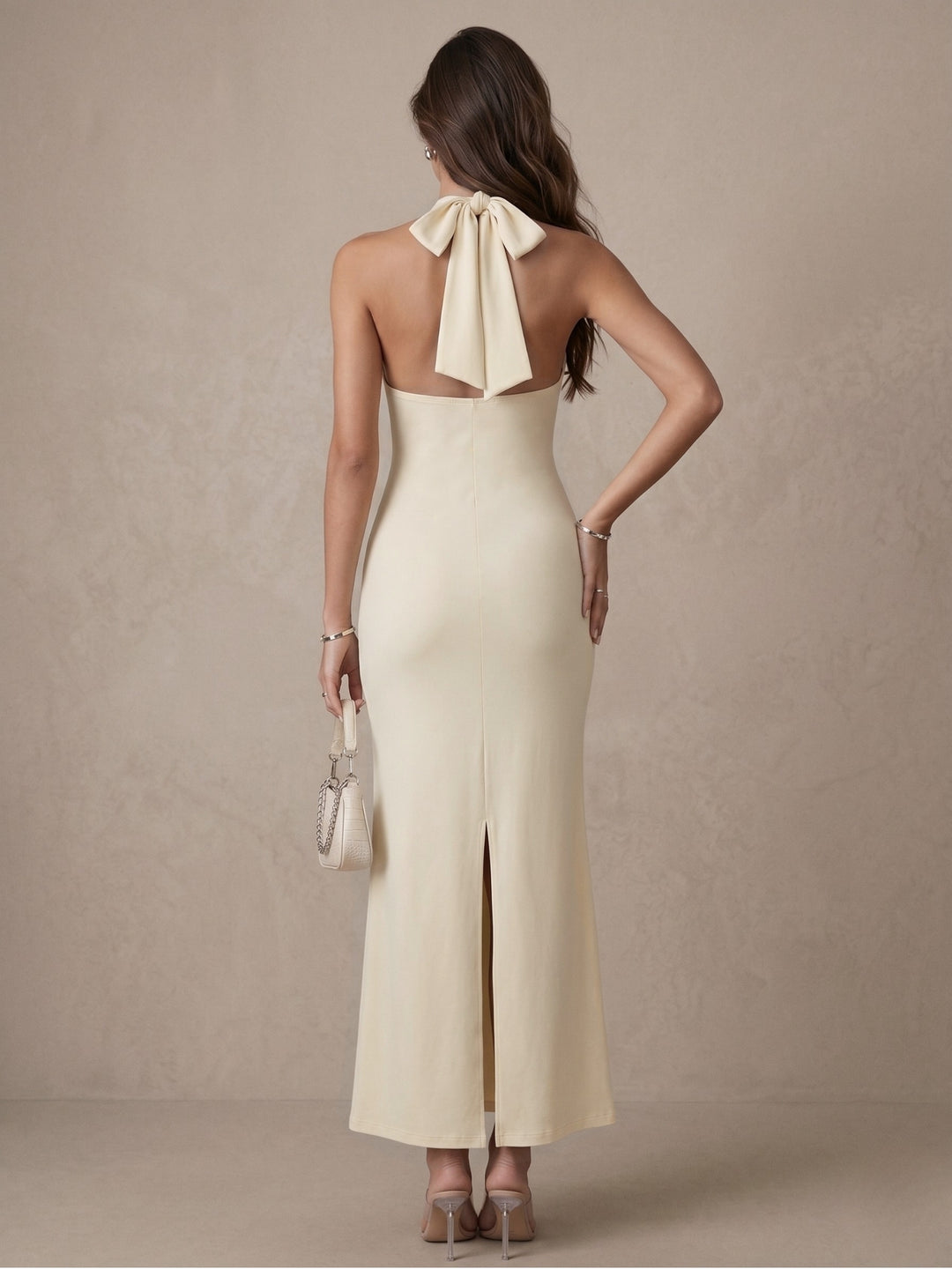 Cream Halter Neck Fitted Dress