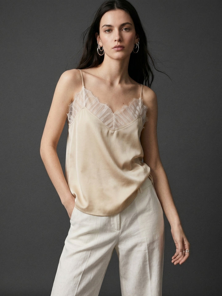 Champagne Strappy V Neck Camisole With Lace Inserts