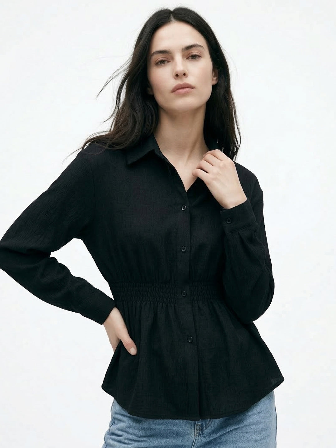 Black Waist Fitted Front Buttoned Shirt