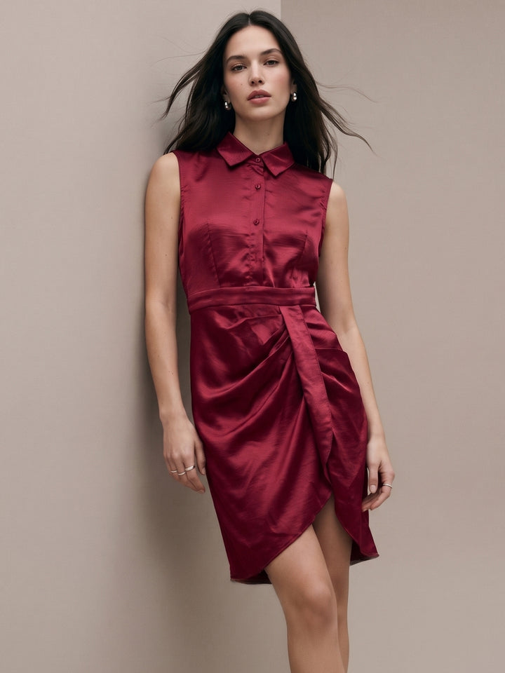 Red Sleeveless Button Down Dress With Wrap Over Hem