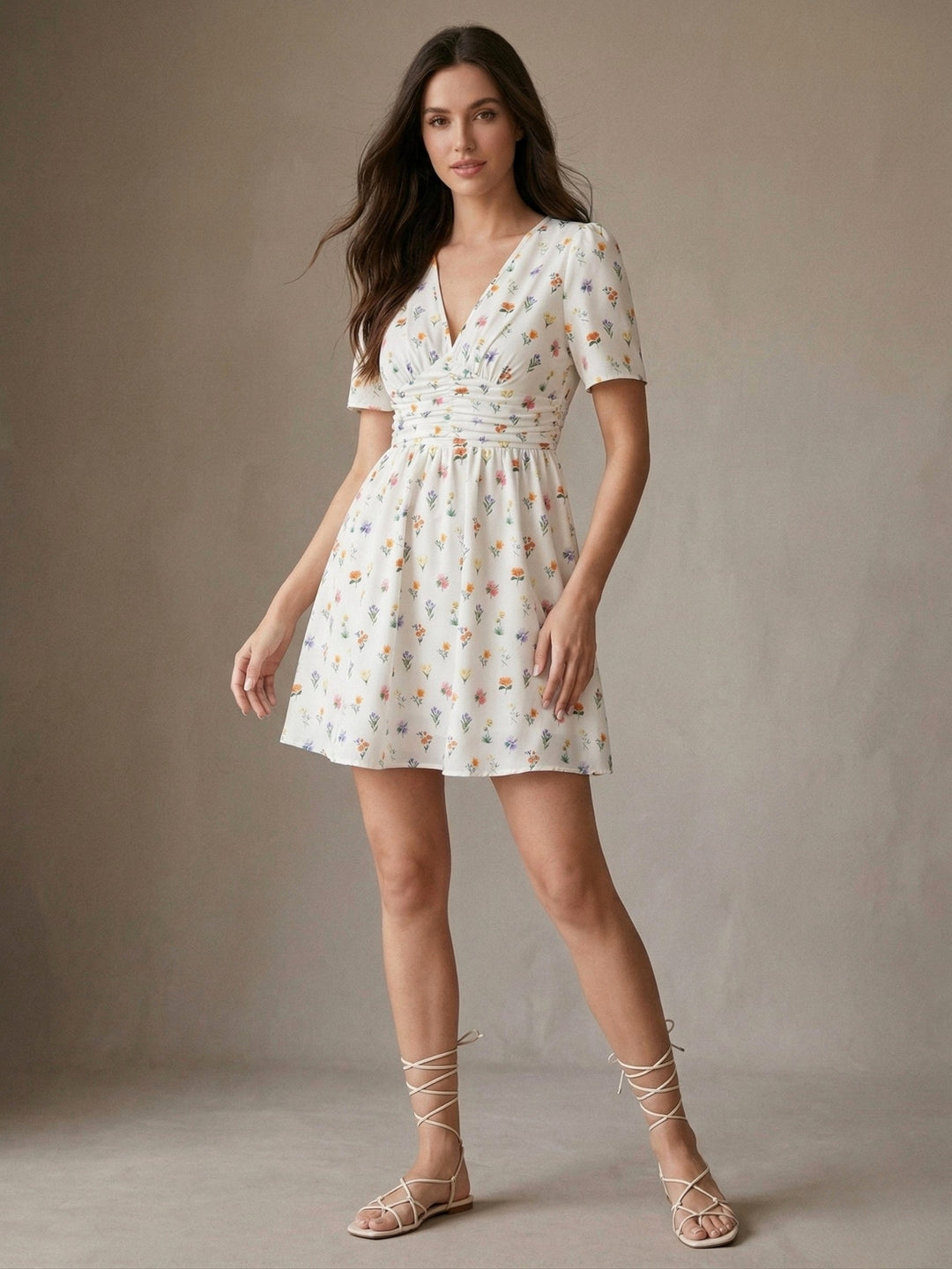 White Puff Sleeve V Neck Printed Dress