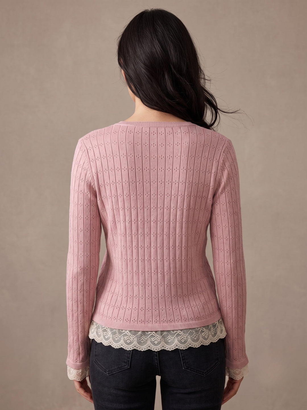 Pink Button Down Top With Lace Inserts At Hem And Sleeves