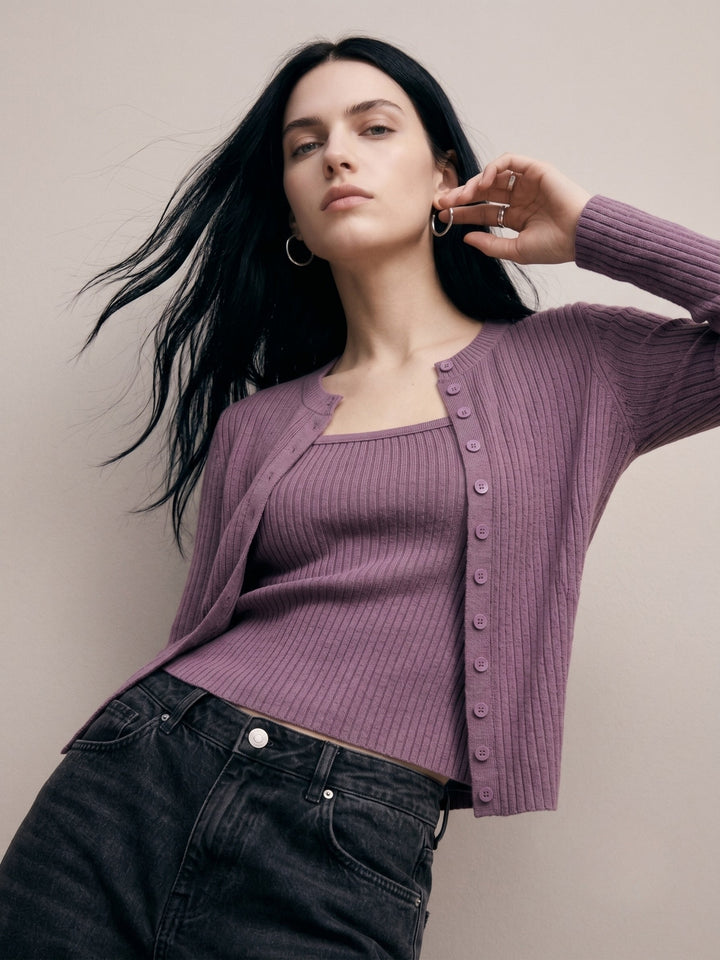 Purple Striped Textured Cardigan Styled 2Pcs Top