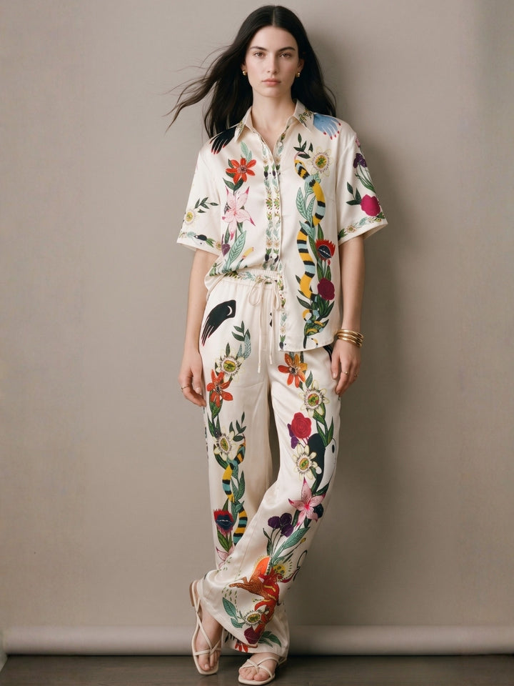 Off White Short Sleeve Printed Shirt And Pant Set