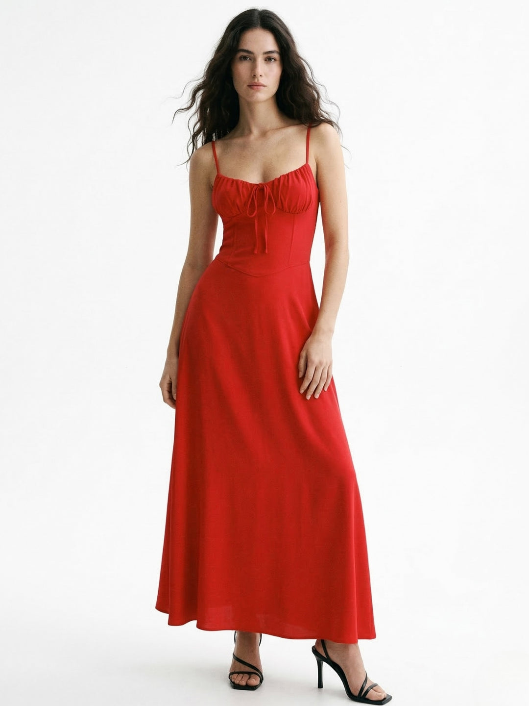 Red Bust Gathered Spaghetti Strap Dress