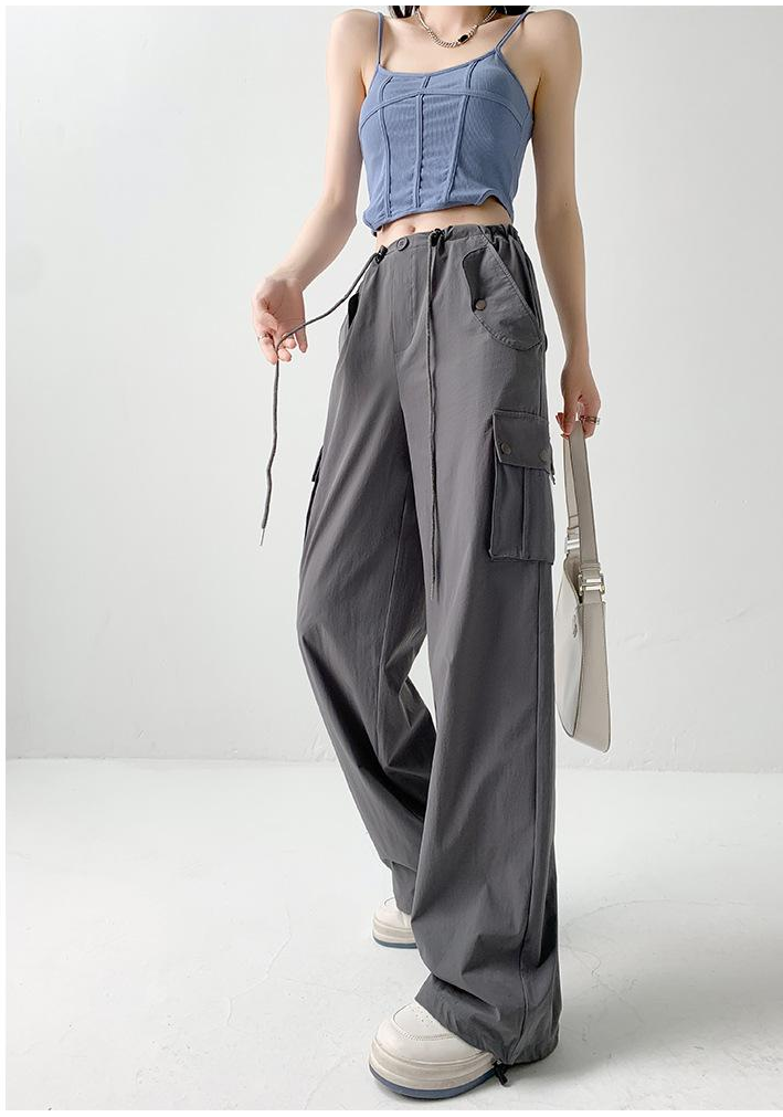 Charcoal Elastic Cargo Pants With Drawstring