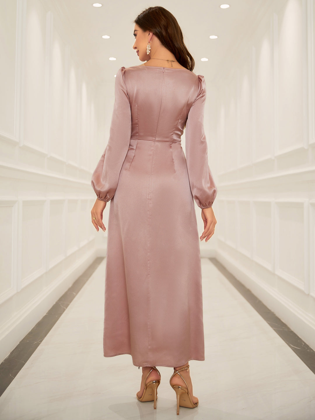 Nude Bishop Sleeves Cowl Neck Side Slit Dress