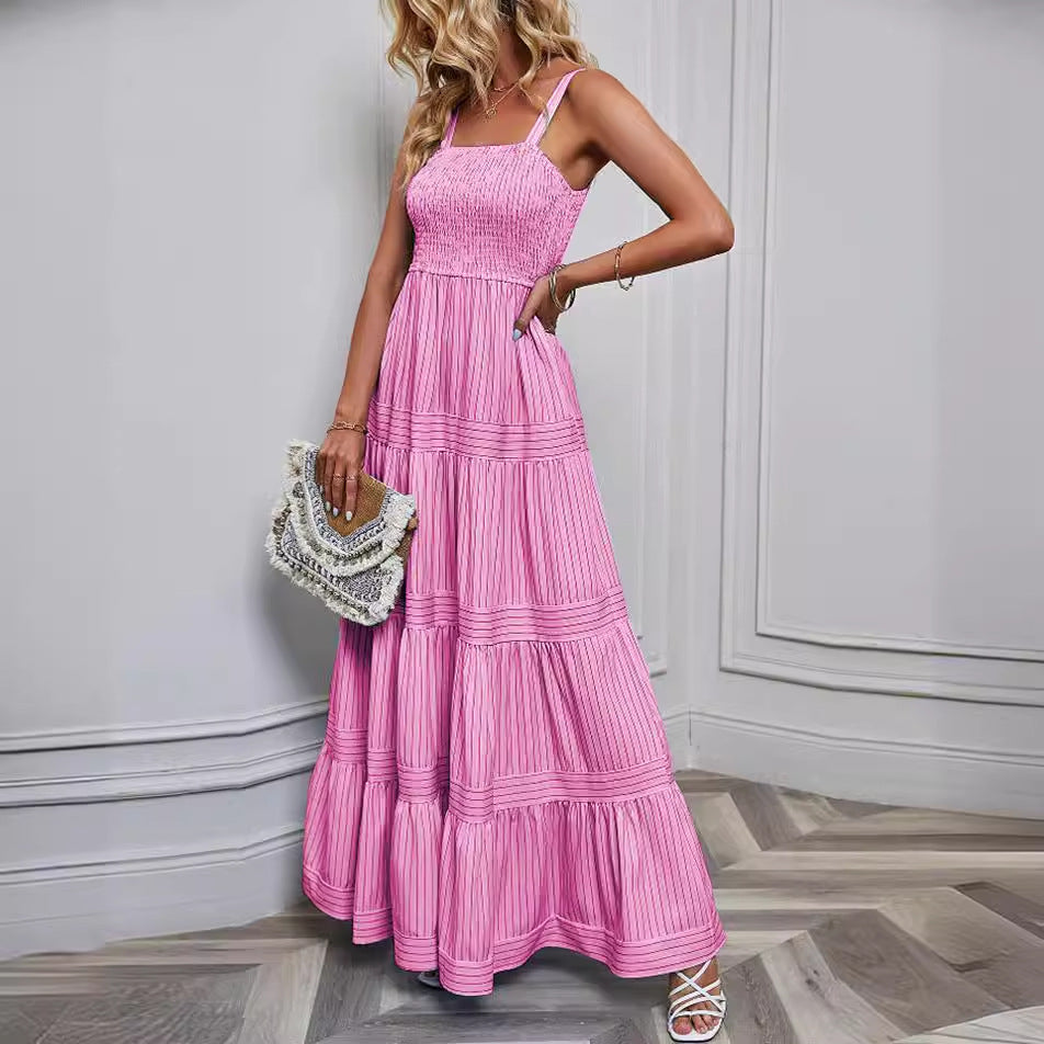 Pink Striped Tiered Dress