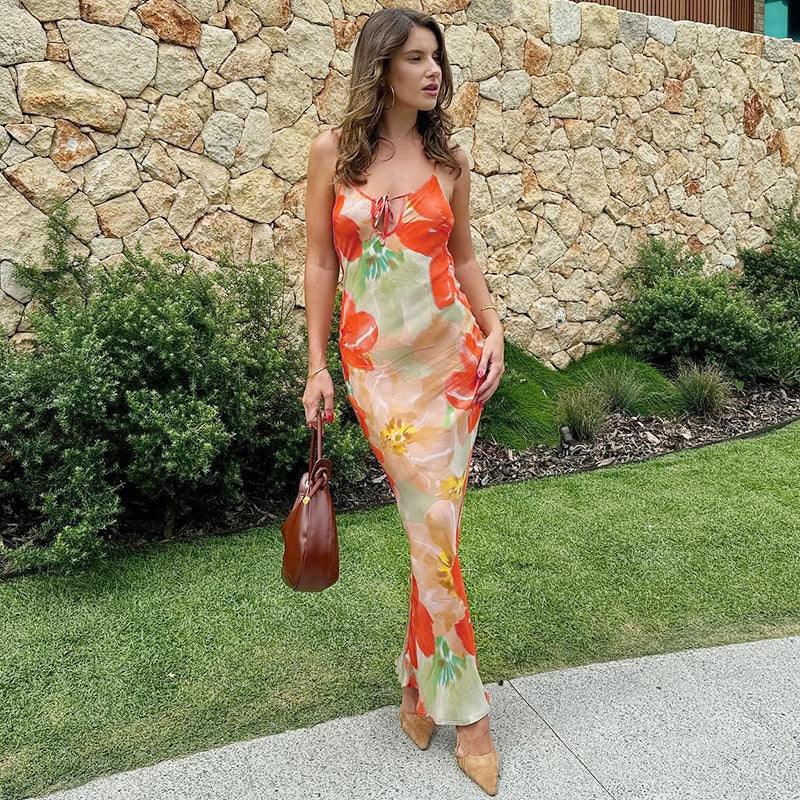 Orange Printed Neck Tie Up Dress