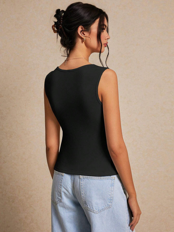 Black Wide Shoulder Strap Front Tie-Up Top
