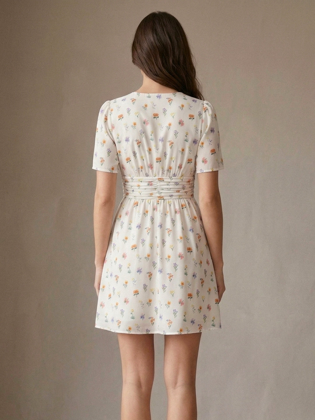 White Puff Sleeve V Neck Printed Dress