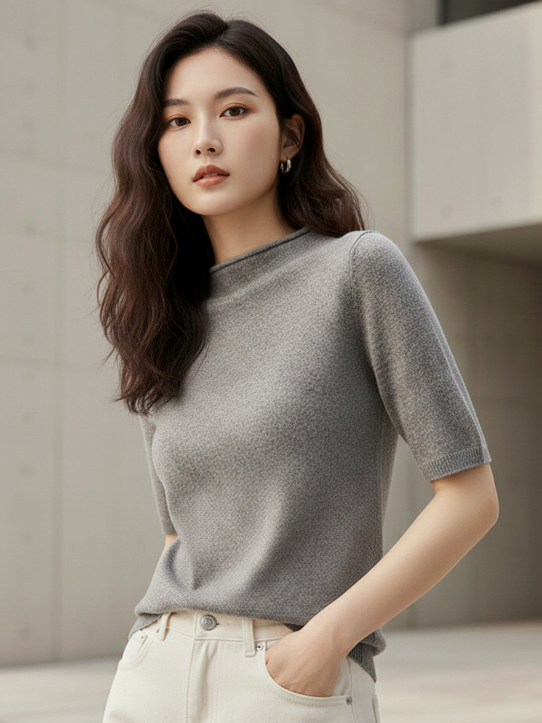 Grey Short Sleeve Mock Neck Relaxed Top