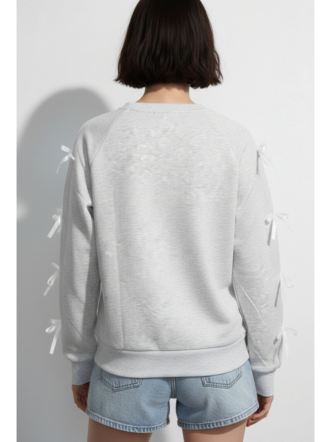 Grey Full Sleeve Lace Bow Detail Sweatshirt