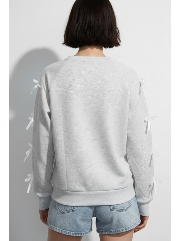 Grey Full Sleeve Lace Bow Detail Sweatshirt