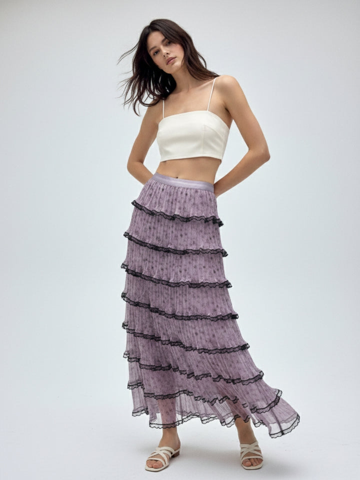 Lilac Printed Tiered Skirt With Contrast Borders