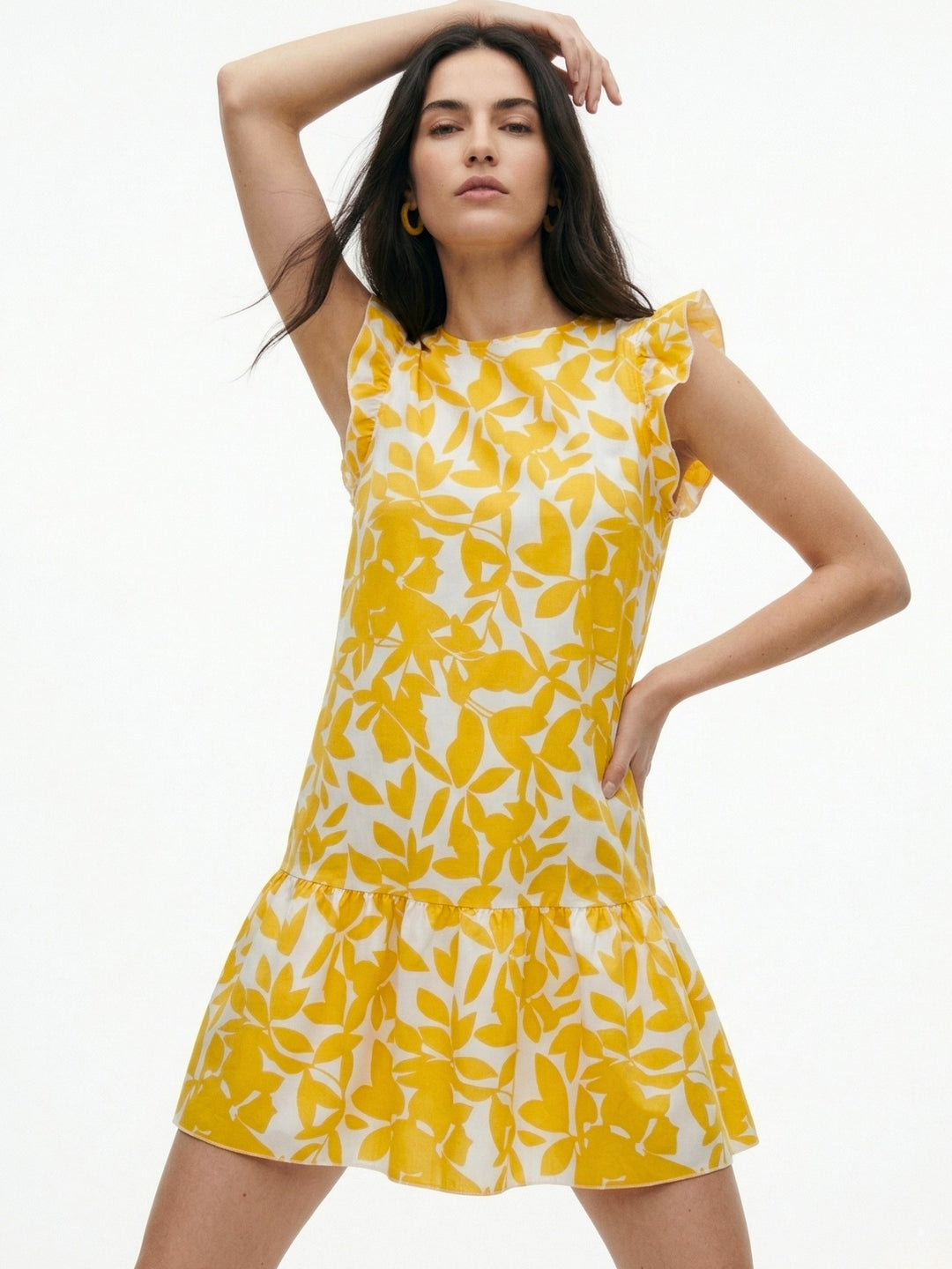 Yellow Ruffle Sleeve Printed Dress