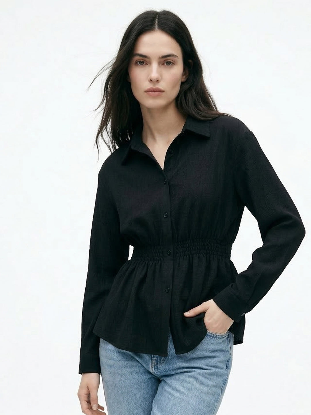 Black Waist Fitted Front Buttoned Shirt