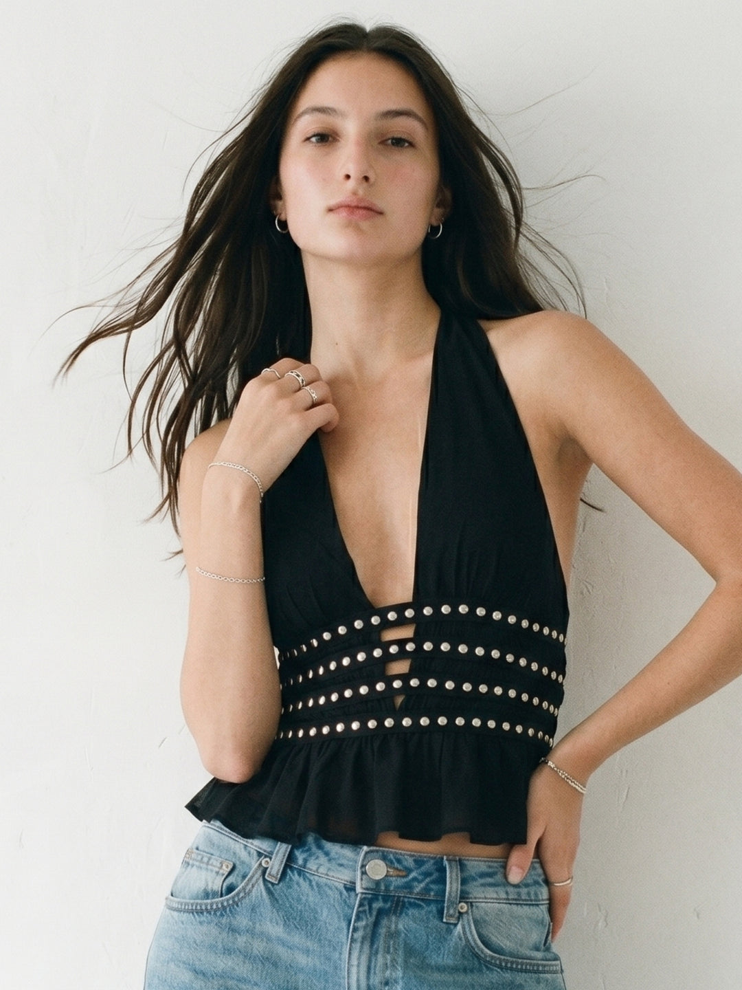 Black Halter Neck Top With Studded Tiers