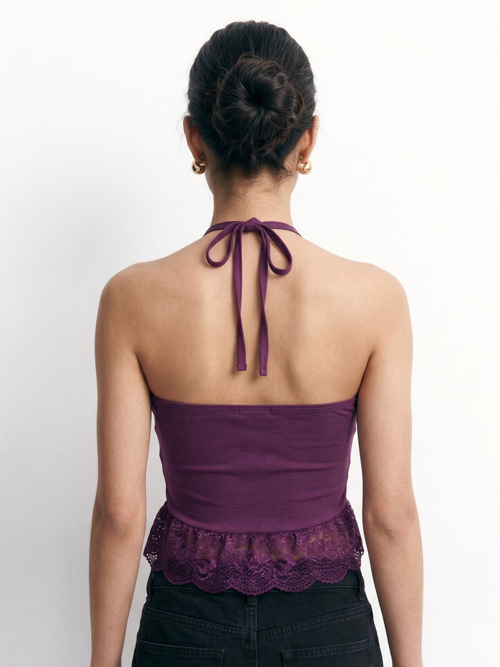 Purple Halter Neck Ruffle Lace Hem Top