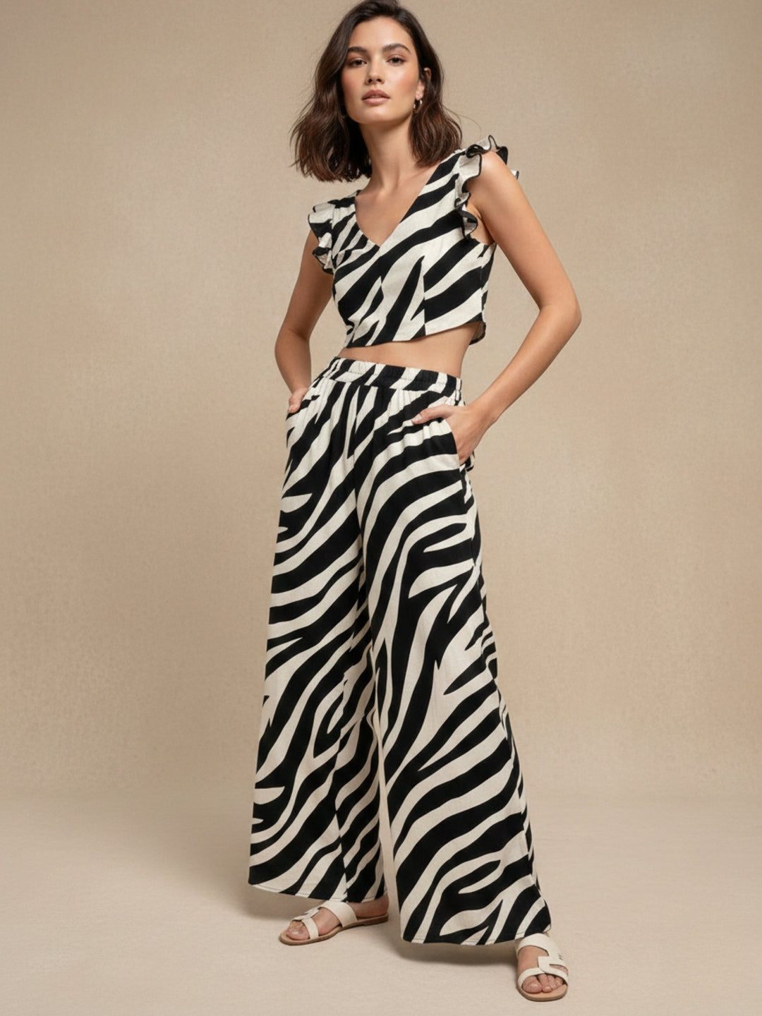 Cream Animal Printed Top And Flared Pant