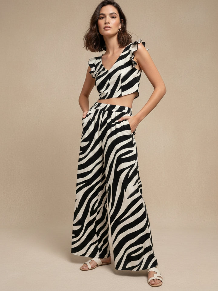 Cream Animal Printed Top And Flared Pant