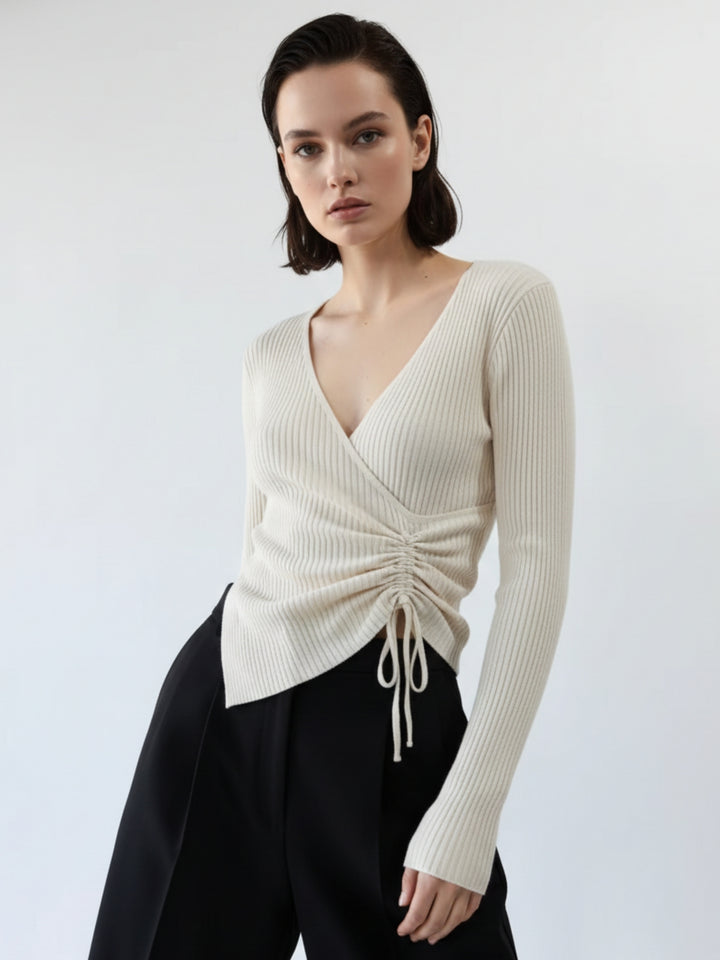 Taupe Full Sleeve Side Ruched Asymmetrical Hem Top