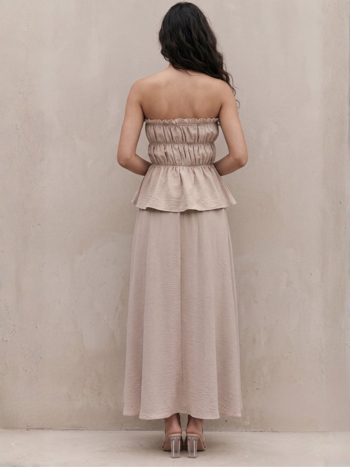 Off White Tube Smocked Top And Skirt Set