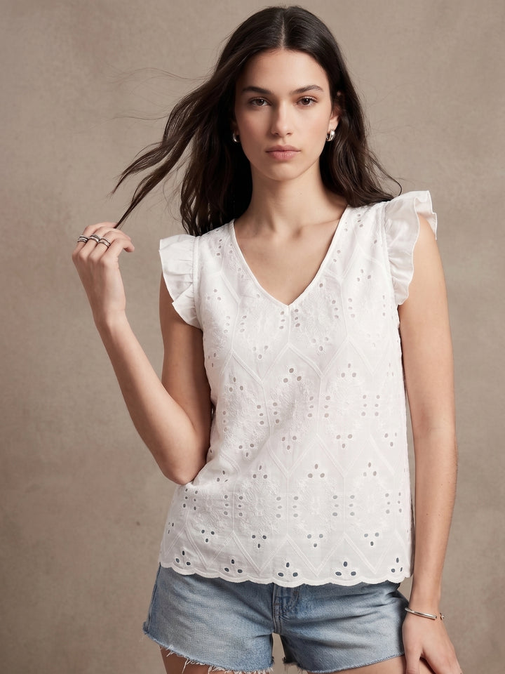 White Ruffle Sleeve Schiffli Top