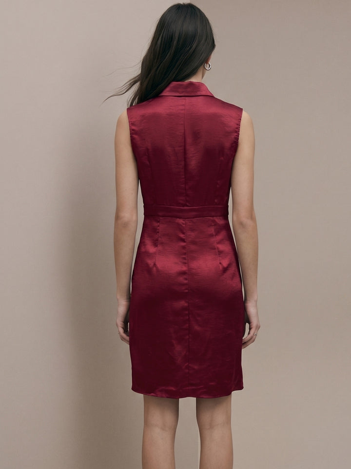 Red Sleeveless Button Down Dress With Wrap Over Hem