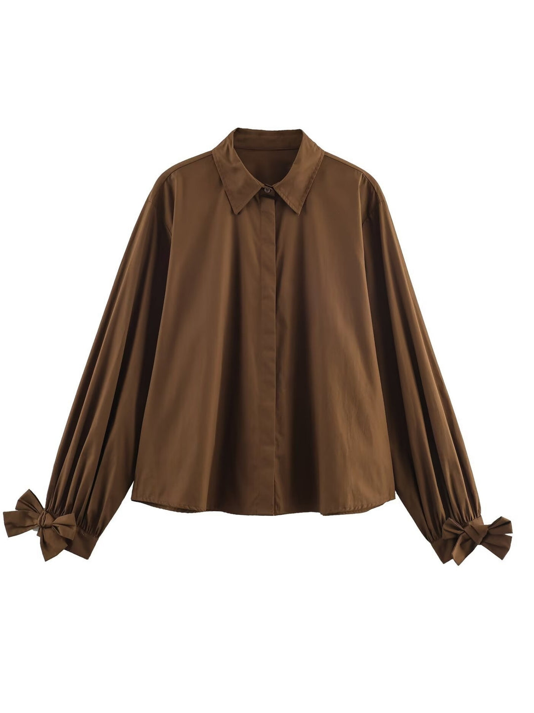Brown Button Down Shirt With Bow Detailed Cuffs