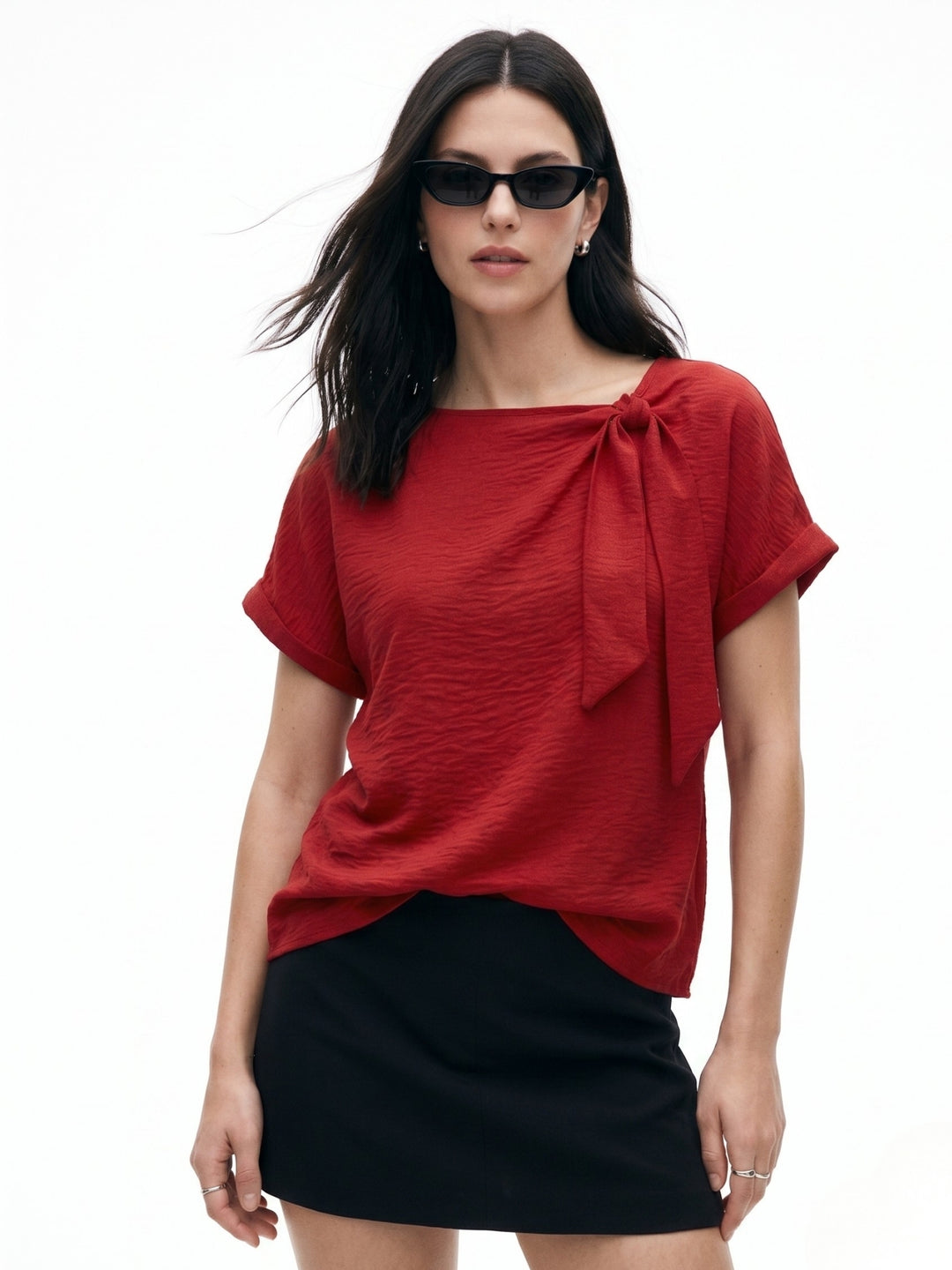 Red Relaxed Blouse With Tie Up Detail