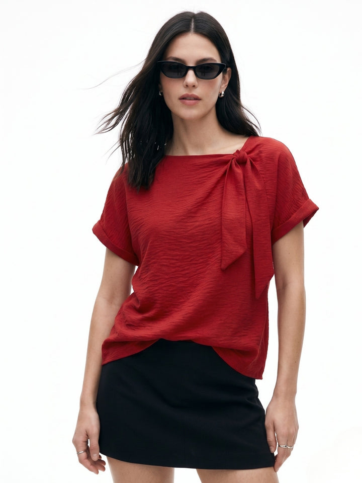 Red Relaxed Blouse With Tie Up Detail