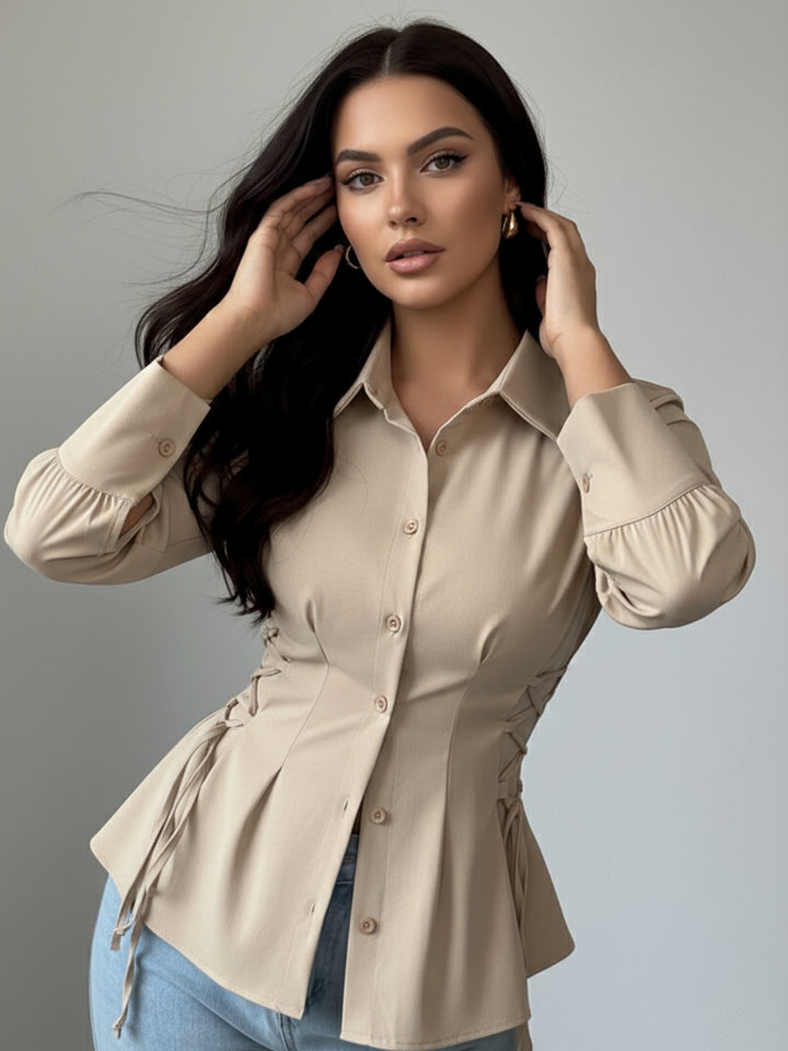 Khaki Cinched Waist Tie Up Button Down Shirt