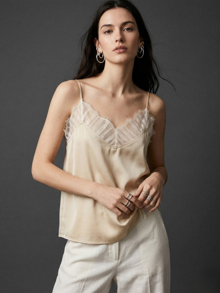 Champagne Strappy V Neck Camisole With Lace Inserts