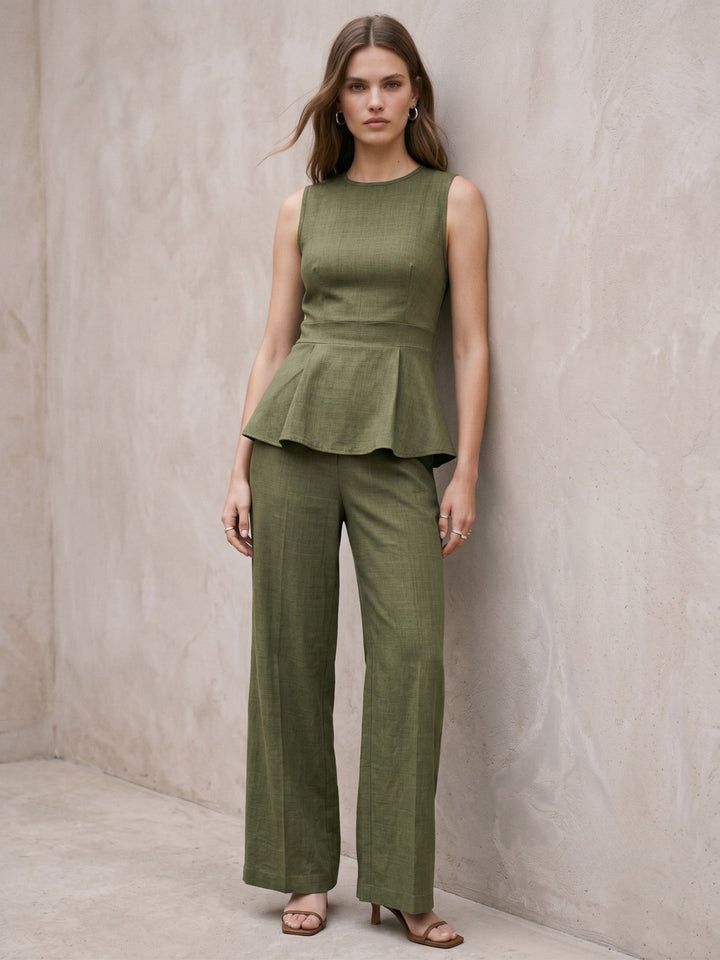Olive Peplum Top With Wide Leg Trousers Co-Ord Set