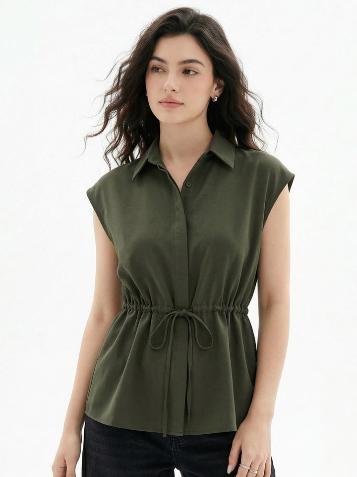 Teal Waist Detail Collared Top