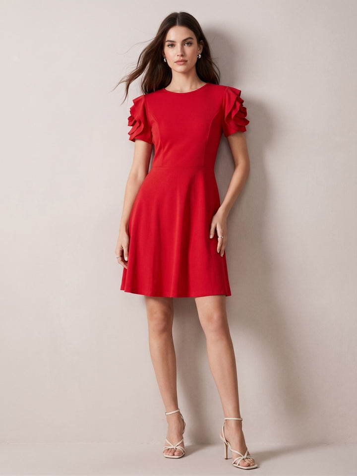 Red Skater Dress With Floral Corsages On The Sleeves