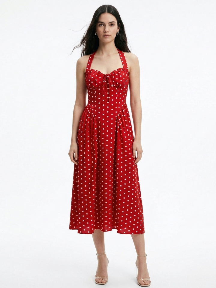 Red Sweetheart Halter Neckline Polka Dotted Dress