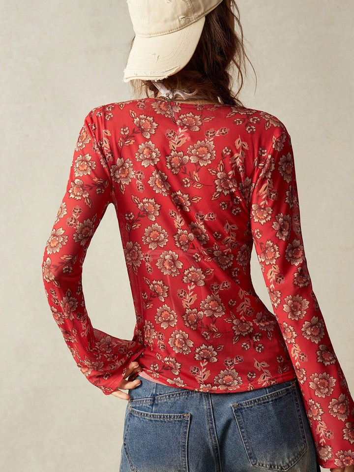 Red Full Sleeve Front Button Top