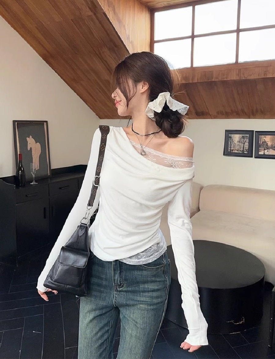 White Off-Shoulder Top With Lace Inserts