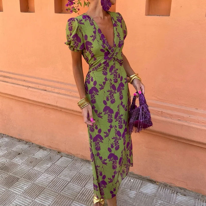 Green Plunge Wrap Neck Printed Dress