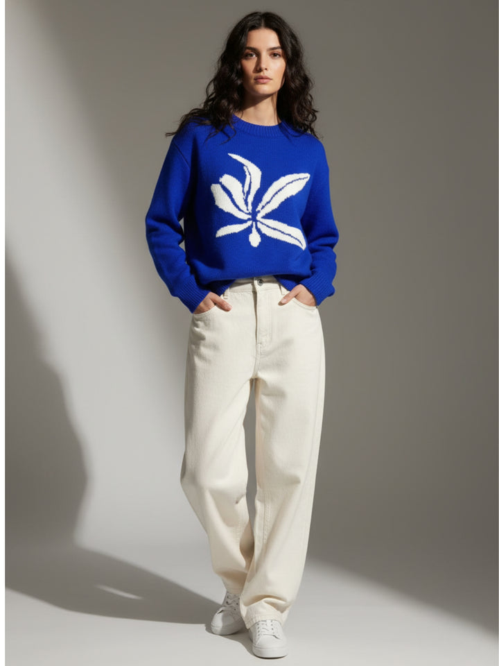 Blue Bold Flower Graphic Sweater