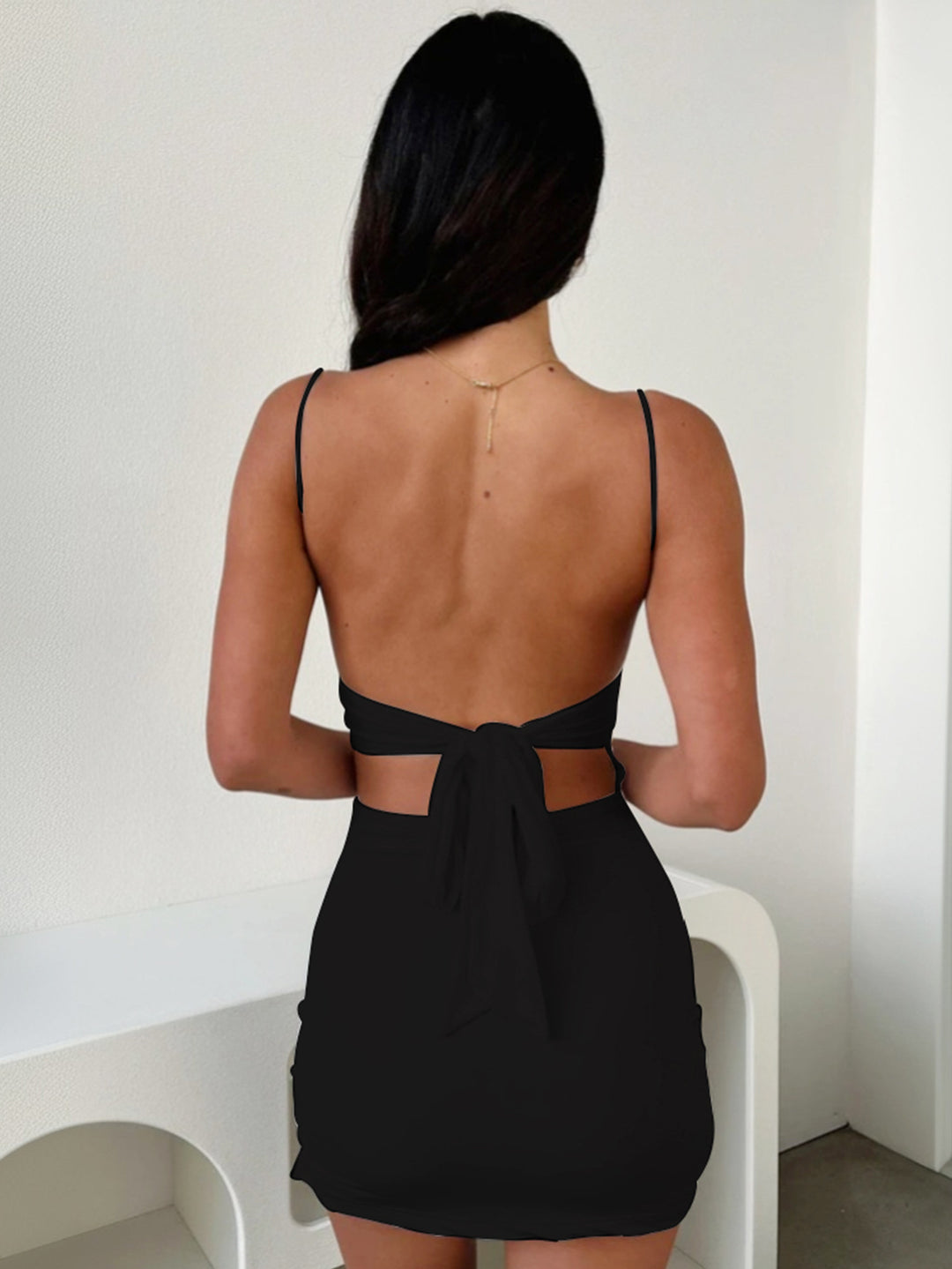 Black Shoulder Strap Side Ruched Dress