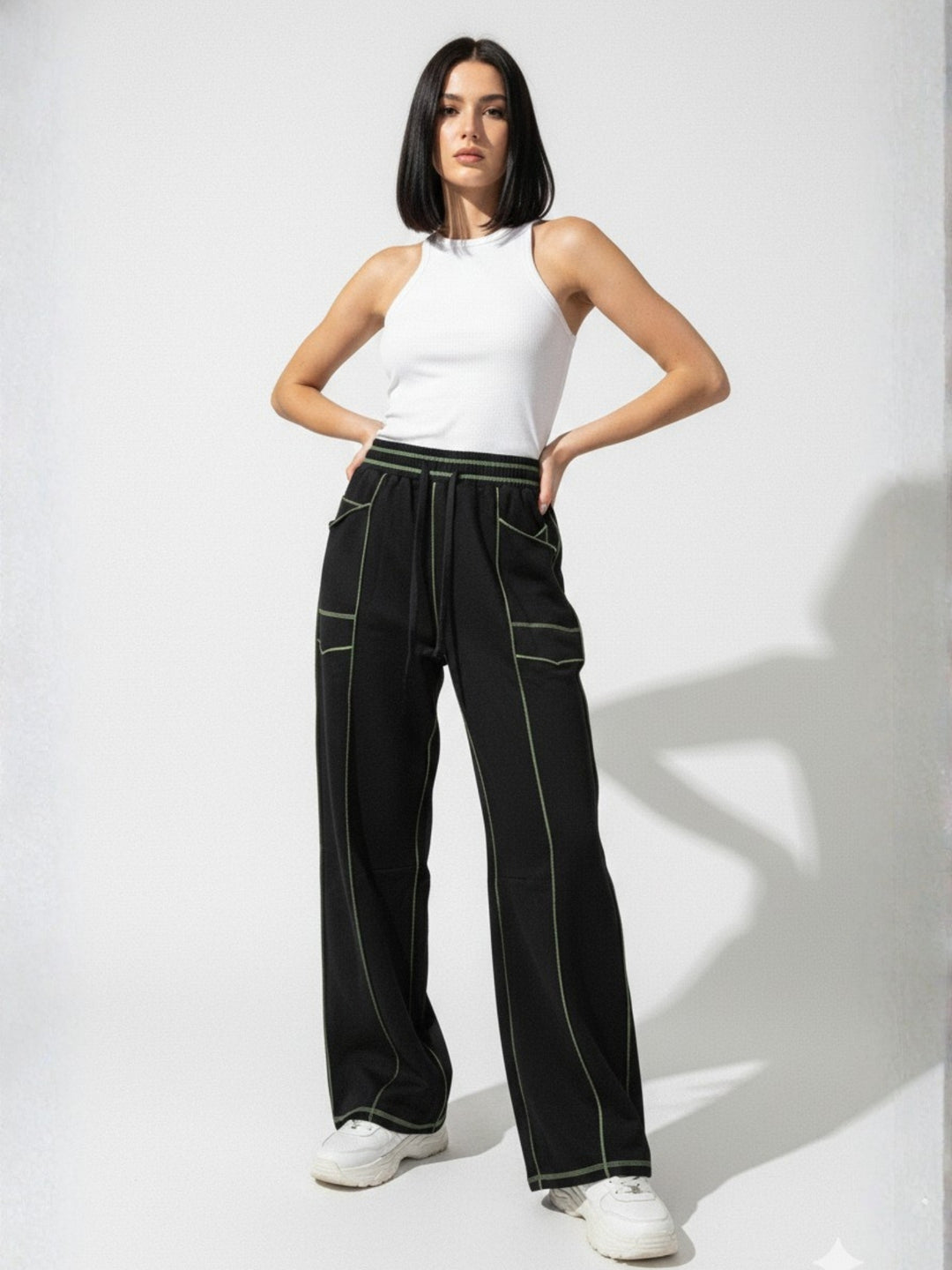 Black Contrast Pipin Barrel Fit Pant