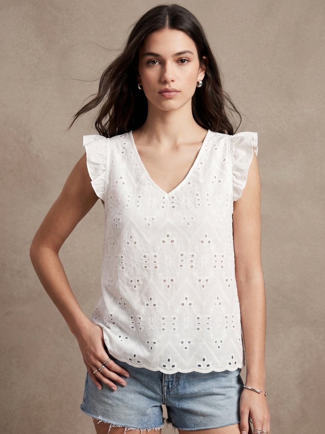 White Ruffle Sleeve Schiffli Top