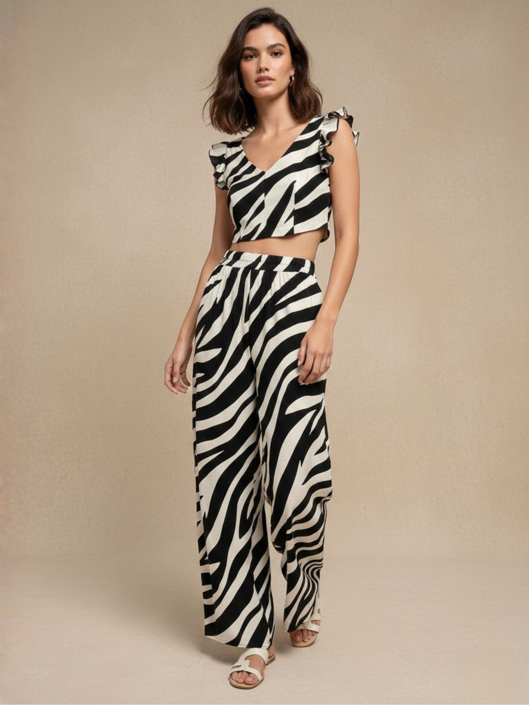 Cream Animal Printed Top And Flared Pant