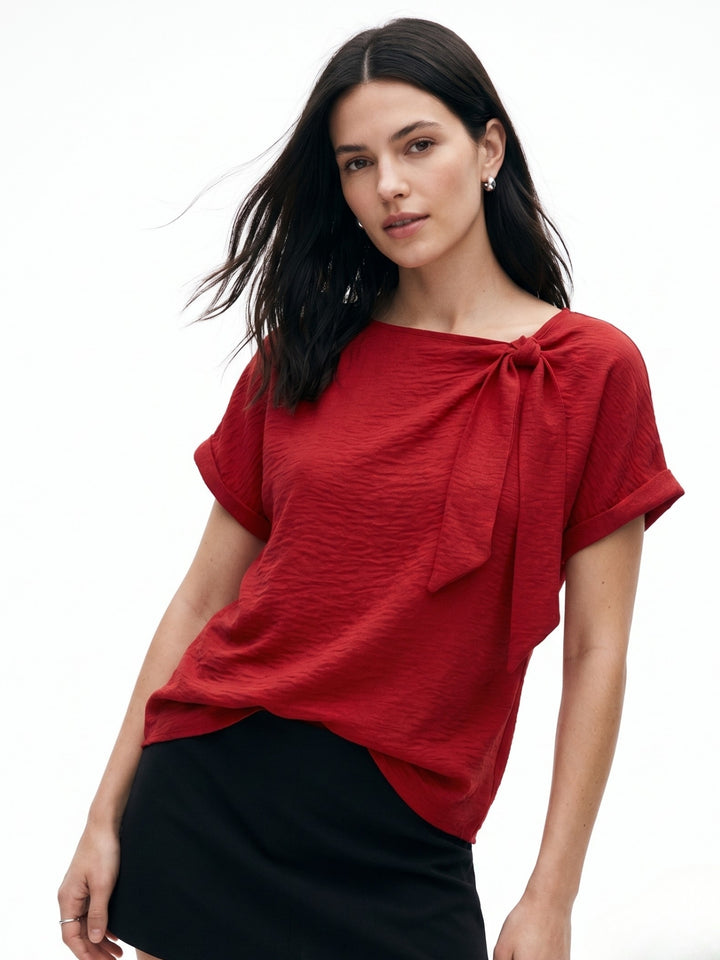 Red Relaxed Blouse With Tie Up Detail
