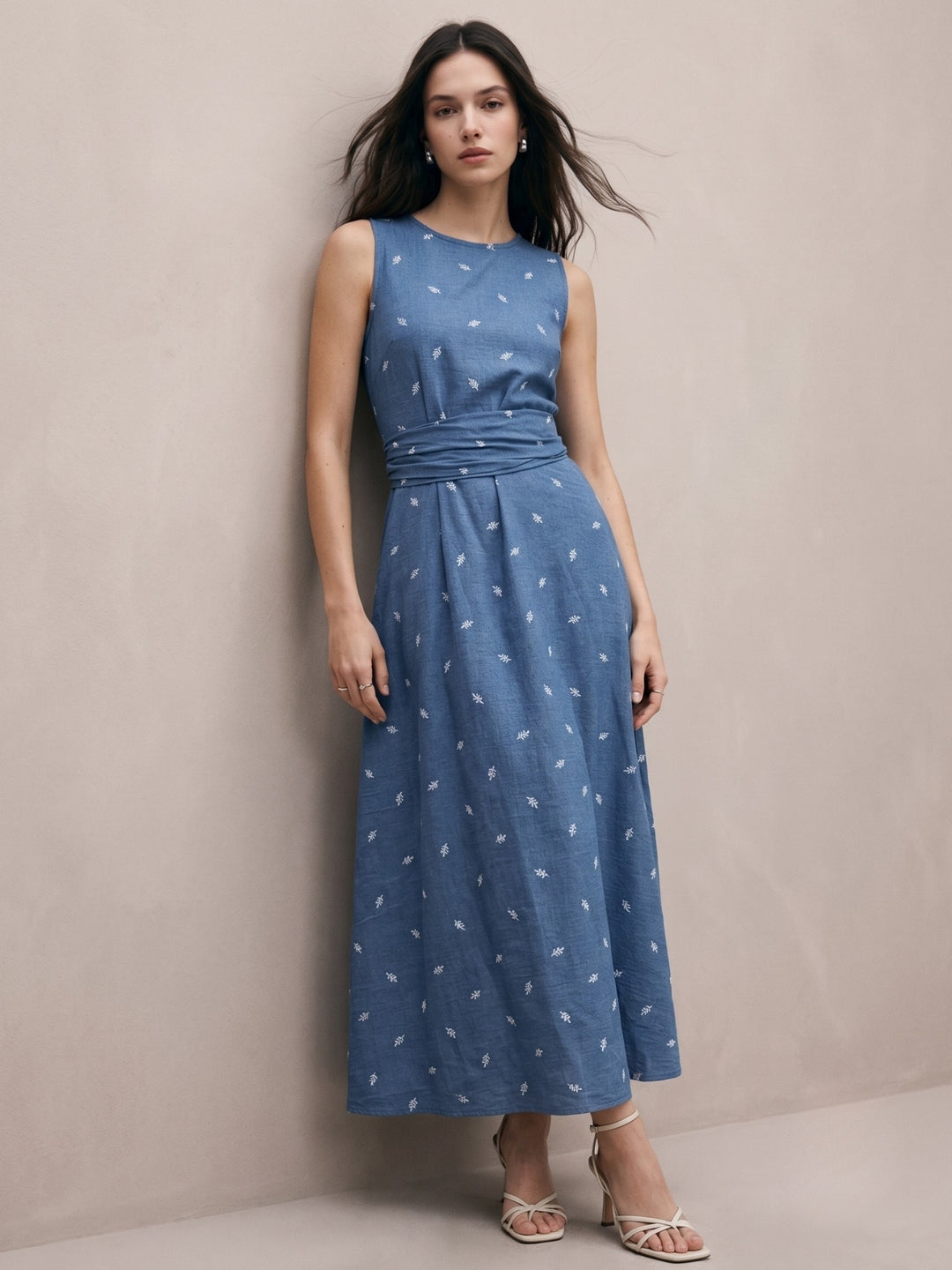 Blue All Over Printed Cinched Waist Dress
