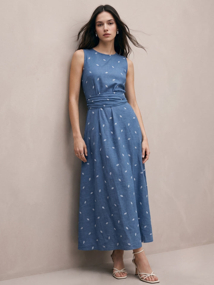 Blue All Over Printed Cinched Waist Dress