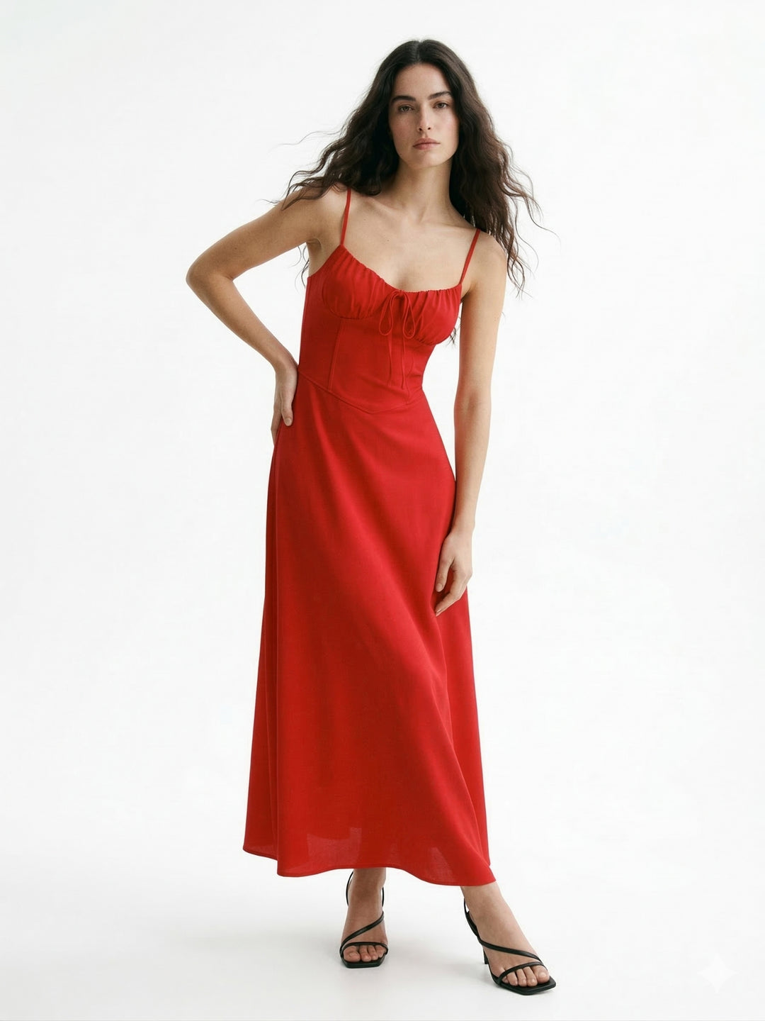Red Bust Gathered Spaghetti Strap Dress